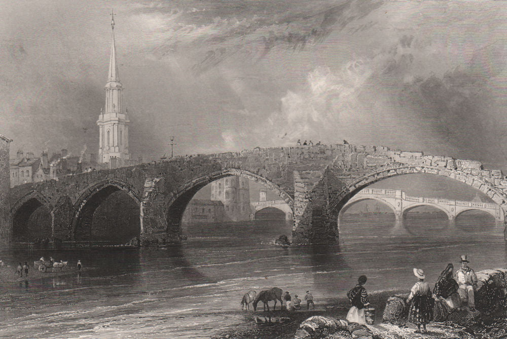 The Twa Brigs, Ayr. The old & new bridges. Ayrshire. Scotland. BARTLETT c1840
